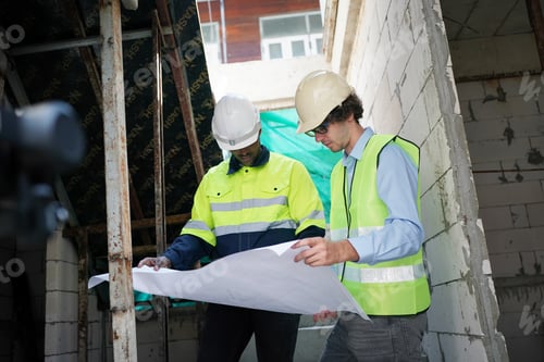 Preview: Architect and construction engineer or surveyor discussion plans and blueprints