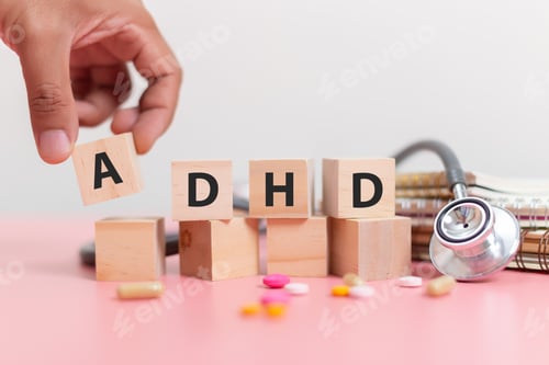 Preview: Abbreviation of ADHD on wood cube block on note book with Stethoscope and pills on pink table.