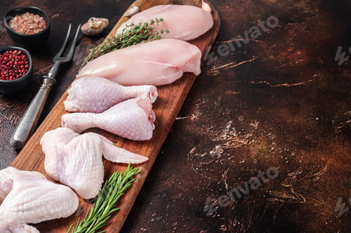 Preview: Raw chicken meat, assortment of parts - drumstick, breast fillet, wings, thigh with spices.