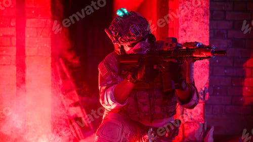Preview: Expert team of soldiers with weapons attacking enemy during military operation, Army soldiers in