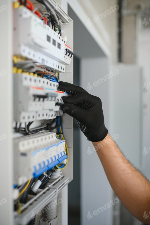 Preview: A male electrician works in a switchboard