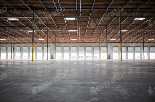 Preview: Wide angle interior view of largeempty warehouse and loading dock doors