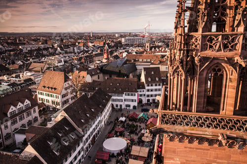 Preview: Munster church spire and high angle view of Christmas market, Basel, Switzerland