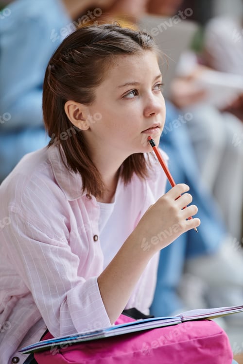 Preview: back to school, smart and pensive girl holding pencil near mouth, thinking, notebook, ideas, study