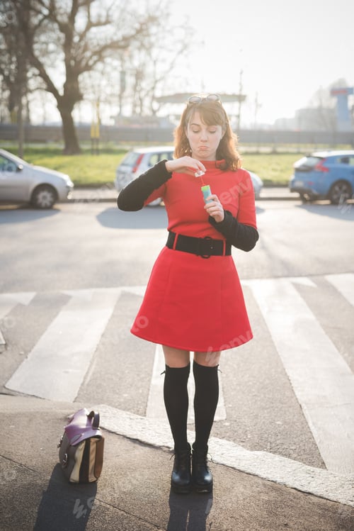 Preview: young beautiful red dressed vintage hipster woman