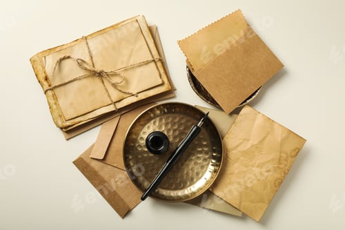 Preview: Old letters, golden plates, ink bottle and pen on light background, top view