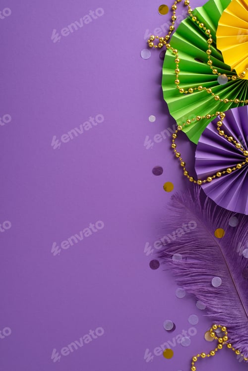 Preview: Carnival Elegance Setup: luxurious bead necklace, feather, confetti, vibrant paper fans displayed