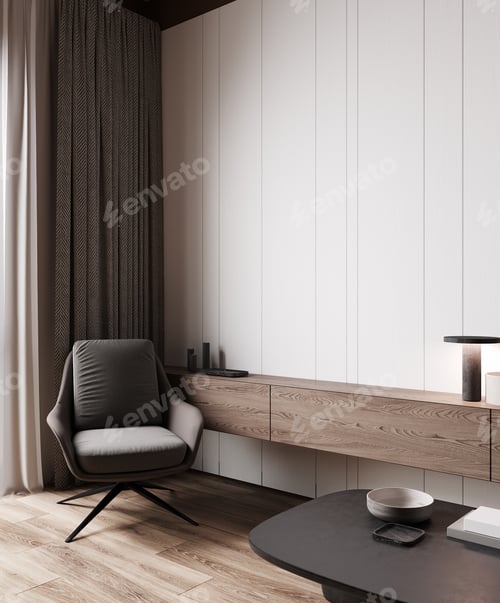 Preview: Stylish interior background with cozy armchair and modern furniture, 3d render