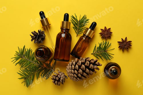 Preview: Aromatherapy concept with pine oil on yellow background