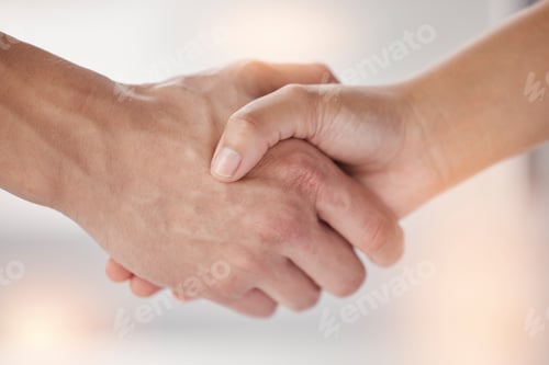 Preview: Closeup, shaking hands and people meeting for introduction, agreement and support of deal, partners