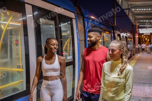 Preview: Athletes walking and talking at night next to a modern tram
