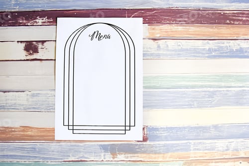 Preview: blank menu page on painted coloured wooden background