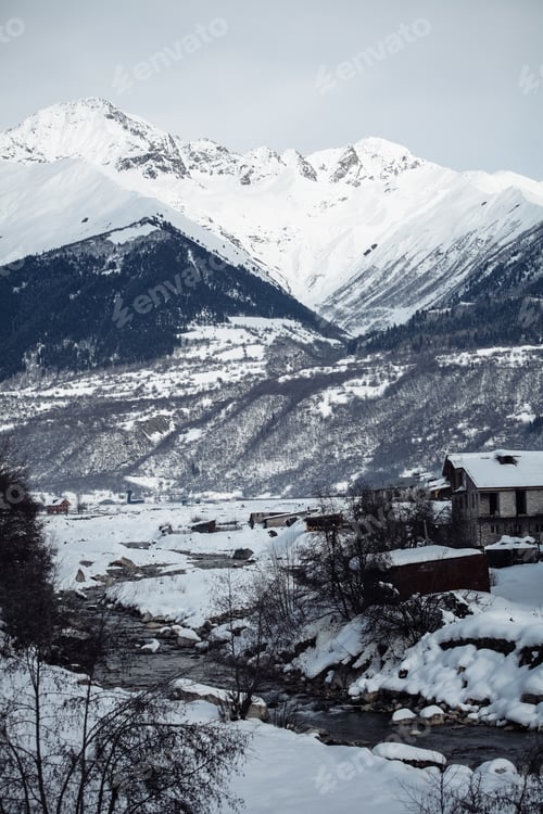Preview: mountain village in winter in the mountains