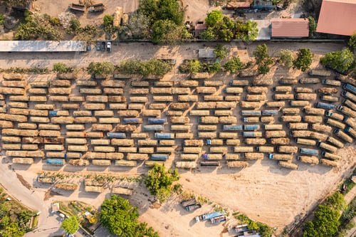 Preview: Group of sugarcane harvested truck parked queue to send the agricultural produce in industry