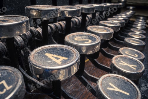 Preview: Antique machine to write. Office equipment. Keyboard of vintage typewriter.
