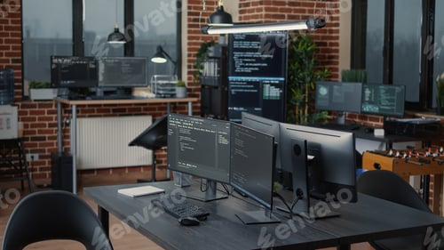 Preview: Computer screens running programming code in empty software it agency office and computers parsing