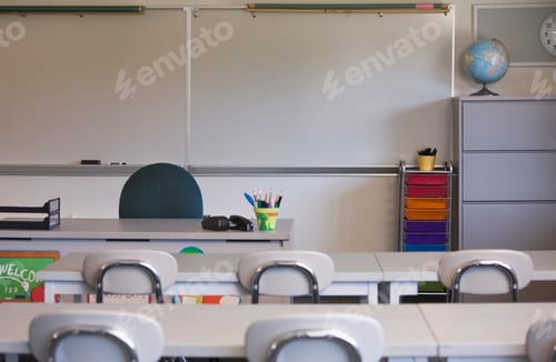 Preview: Classroom Setup with Empty Desks and Whiteboard