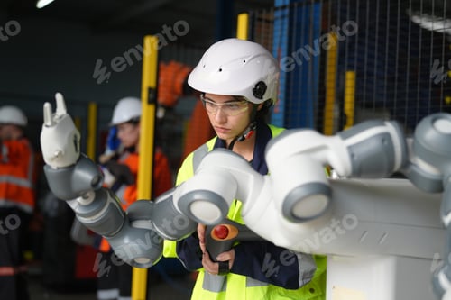 Preview: Female Engineer check and control automation robot arms machine in factory. robotics manufacturing.