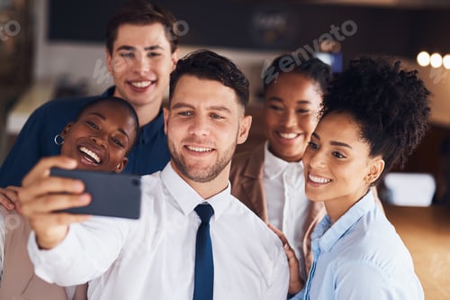Preview: Selfie, group smile and business people in social media post, online corporate diversity and office