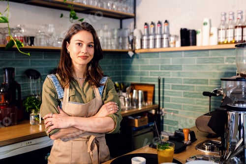 Vista previa: Retrato de una camarera de pie en su cafetería detrás del mostrador.