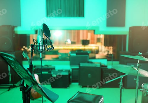 Preview: Music, recording studio and interior with instruments for creative, musician or industry background
