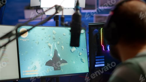 Preview: Close-up of streamer man talking at microphone with other players