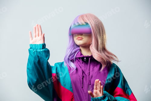 Preview: Teen girl in VR glasses and purple 80s tracksuit on gray background