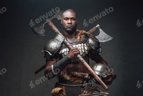 Preview: Serious fighter with black skin holding a helmet and an axe