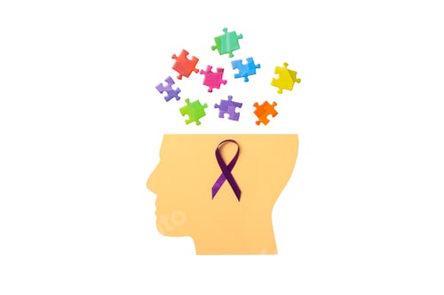 Preview: Colorful pieces hover over a head outline, on white background