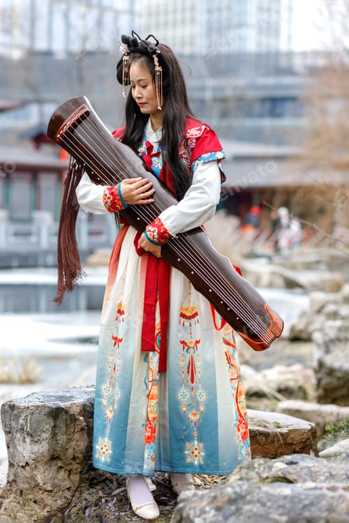 Preview: Young Asian woman in red Chinese Hanfu walks,plays the Guqin musical instrument.Chinese New Year