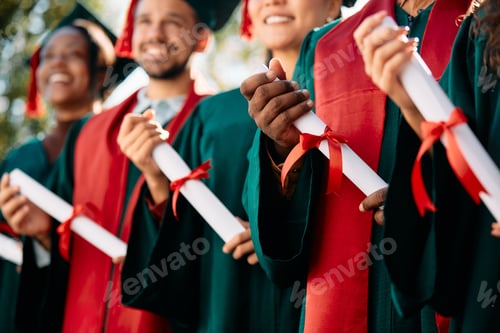 Preview: Close-up of students with graduation certificates.