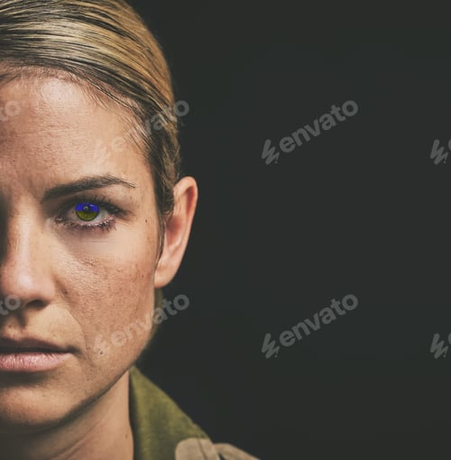Preview: Face, retina scan and mockup with a woman in studio on a dark background for security or data prote