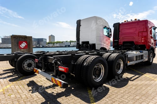 Preview: Back view many new heavy commercial cargo transport vehicles stand at port for export import
