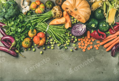 Preview: Healthy vegetarian Fall food cooking background with fresh vegetables