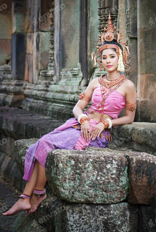 Preview: Asian charming woman wearing typical Thai dress identity culture