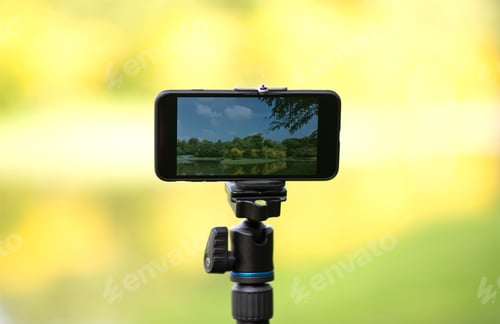 Preview: See it with your own eyes. Smartphone attached to a selfie stick showing asian forest landscape.