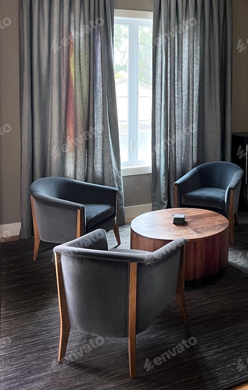 Preview: Living room decor three club chairs and round coffee table curtains
