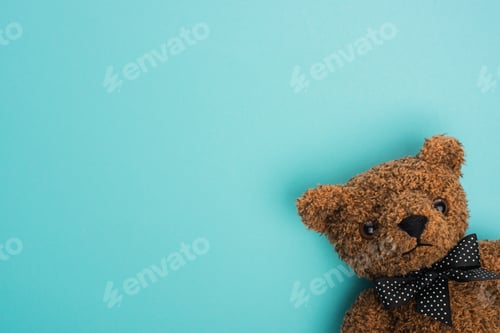 Preview: Top view of brown teddy bear on blue background