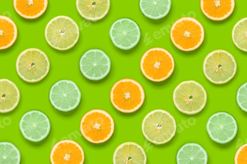 Preview: Citrus Fruits pattern on green background. Orange, Lime, Lemon slices background.