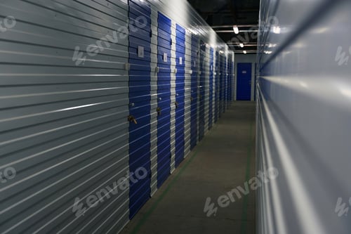 Preview: Warehouse storage indoors with self-storage unit, long corridor