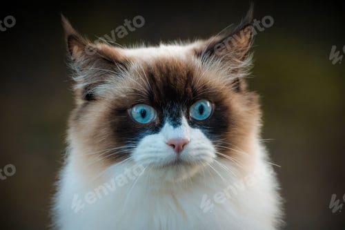 Preview: a brown and white cat with blue eyes and fluffy fur
