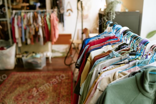 Preview: Colorful Second Hand Apparel Arranged on Hangers in Urban Resale Boutique