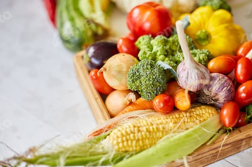 Preview: Wooden box with different fresh farm vegetables on the white background