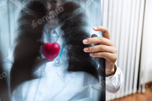 Preview: Doctor holding heart ball and explaining x-ray results to patient.