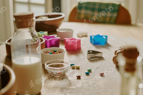 Preview: Baking Cookies in Home Kitchen with Milk and Tools