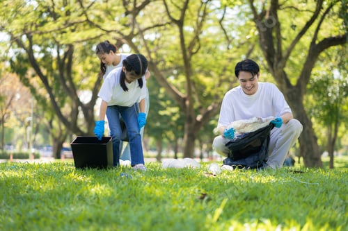 Preview: Asian family collects plastic bottles into black bags at a park on the weekend.