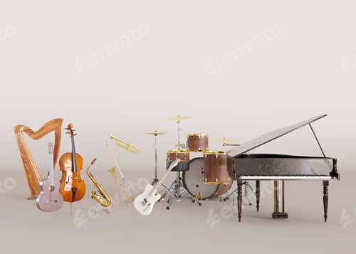 Preview: Different musical instruments on beige background. Copy space for text, advertising, logo