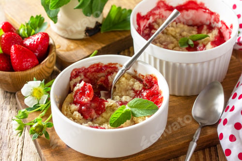 Preview: Strawberries crumble in a baking dish and fresh strawberries.