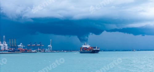 Preview: Tornado and thunderstorm funnel cloud in an open sea near Cargo Container Ship.