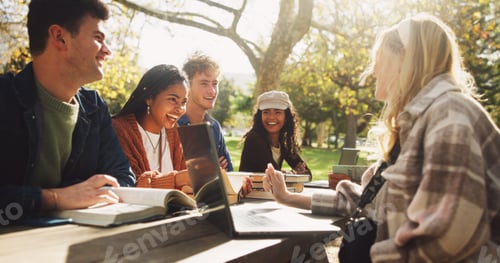 Preview: Group, happy and friends to studying outdoor on school break, discussion and laughing of funny joke
